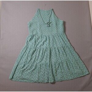 American Eagle Halter Dress Sz XL Green Floral Ditsy Cottagecore Tiered Smocked
